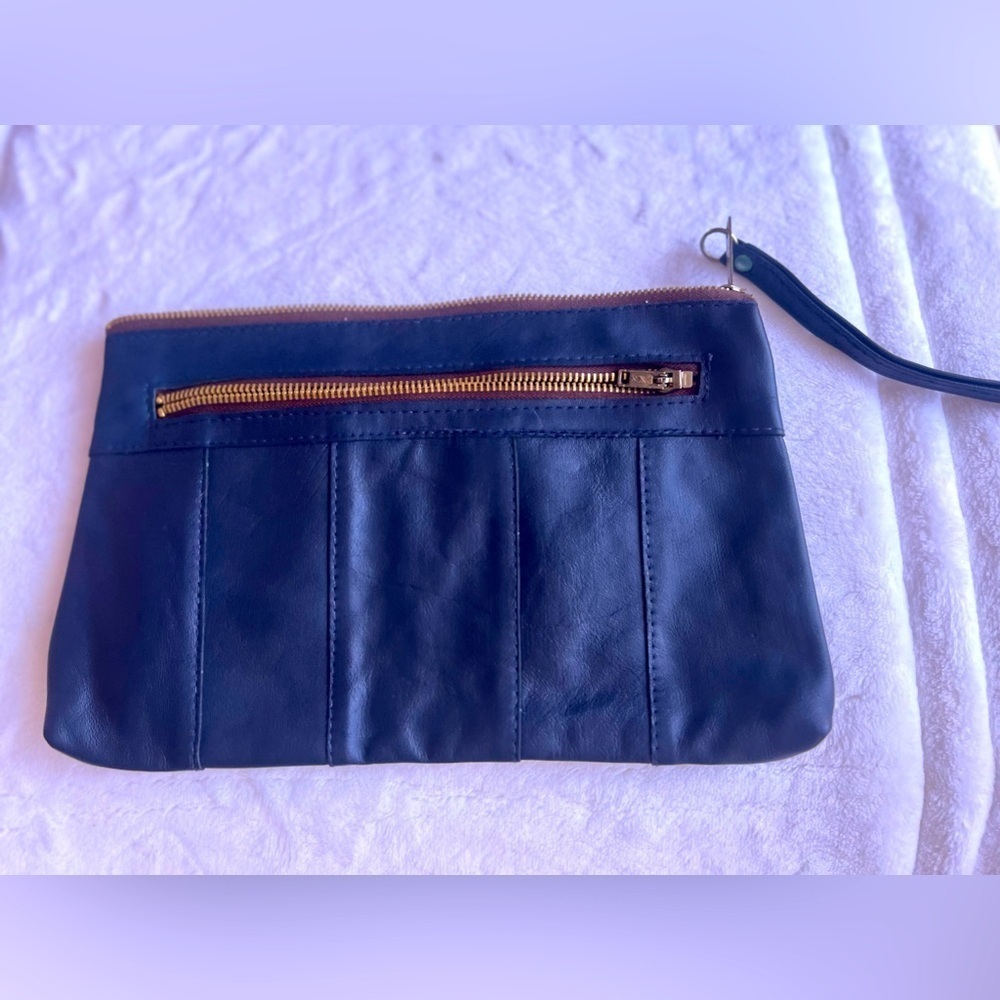 VKK dark blue black leather pouch/wristlet zipper Genuine Leather lightweight